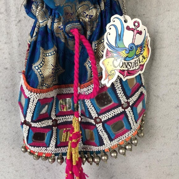 Consuela Bag Womens Blue Pink Drawstring Pouch Beaded Strap Tassel Boho Mirror - Picture 5 of 16